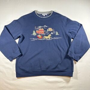 Southern Lady Womens Navy Blue Embroidered Winter Sleigh Scene Sweatshirt Medium